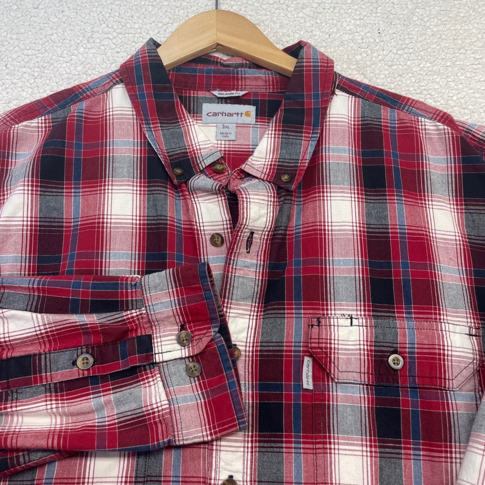 Carhartt Button Down Shirt Mens 2XL Red Plaid 102214 608 Relaxed Fit Long Sleeve